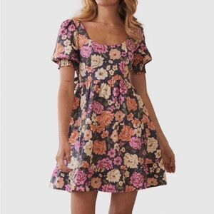 KIVARI Floral Linen Tie Back Mini Dress